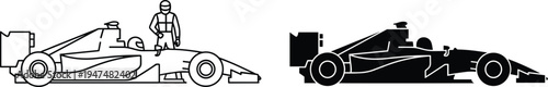 Formula racing car outline and silhouette with driver motorsport vehicle design isolated speed competition automobile illustration - flat vector illustration