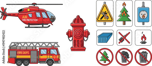 Fire protection emergency equipment set with helicopter fire truck hydrant warning signs safety icons vector illustration collection