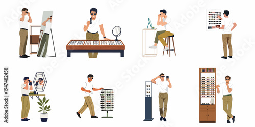 A collection of flat design illustrations showing a young man trying on different pairs of sunglasses and eyewear in a modern store setting.
