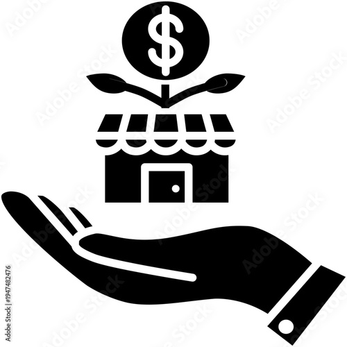 Local Economy Support Icon, Hand Growth Business Symbol Vector Stock Illustration, Solid Icon Style Design.
