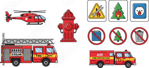 Fire protection emergency vehicles and safety signs set with helicopter trucks hydrant warning icons vector illustration collection