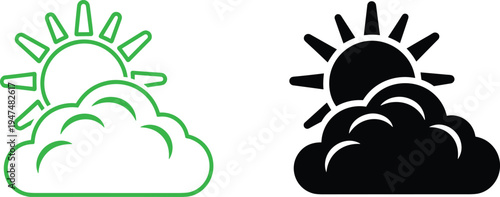 Minimal sun cloud weather icon set, outline solid green black forecast climate sky symbol flat vector illustration modern simple design