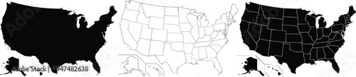 United States map vector set, USA silhouette map, outline map with state borders and detailed political map, American geography illustration collection