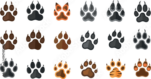 Animal paw prints collection with dog, cat and wild animal track icons illustration set