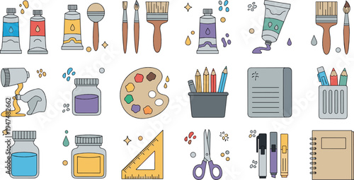 Art Supplies Vector Collection with Paint Tubes Brushes Palette Scissors Markers Notebook Creative Artist Tools Illustration Set