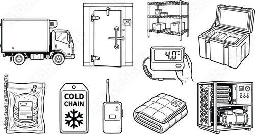 Cold chain logistics illustration set, refrigerated truck, freezer door, temperature monitor and vaccine storage equipment, medical supply transport system vector