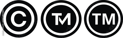 Copyright and trademark symbol vector set, copyright sign and TM logo icons, intellectual property protection marks, legal branding icon collection