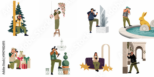 A collection of photographers in various creative and professional settings, featuring diverse scenes and equipment in a flat vector illustration style.
