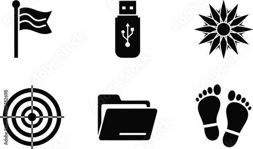 Mixed symbol icons collection set, flag usb compass target folder footprints signs simple black silhouette flat vector illustration
