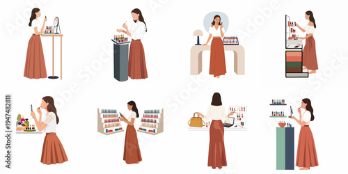 Collection of flat illustrations showing a young woman testing, choosing, and applying various cosmetic products like lipstick and makeup in different settings.