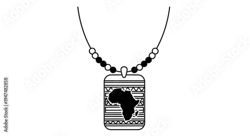 African Continent Pendant Necklace with Tribal Pattern, Black and White Graphic
