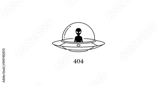 Alien in a UFO flying saucer with 404 error message, minimalist illustration
