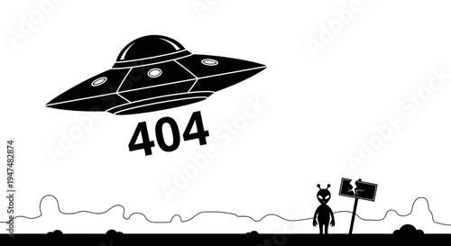 Alien 404 Error Page Concept: UFO Abducts Broken Sign, Alien Looks On