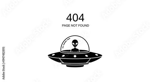 Alien in UFO Flying Saucer, 404 Page Not Found Error Message, Digital Glitch Concept