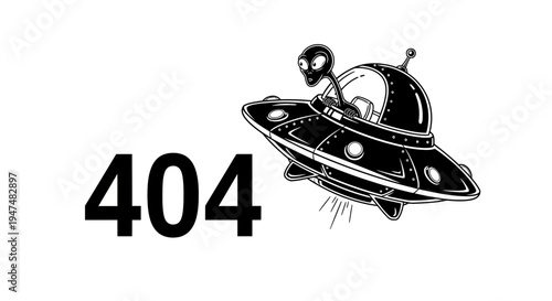 Alien in Flying Saucer with 404 Error Message, Sci-Fi Concept