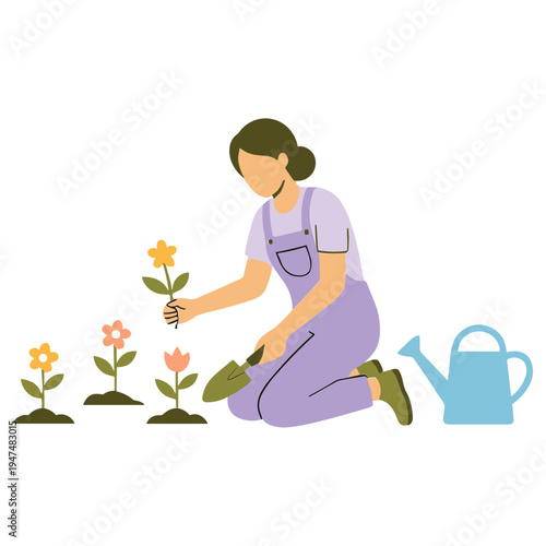 Woman gardening outside with flowers and watering can in hand