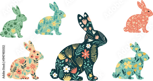 Isolated vector illustration of a cute cartoon bunny and animal set with Easter rabbits, eggs, and farm mammals featuring a white silhouette art style for fun nature drawings