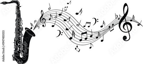 Saxophone with flowing musical notes, treble clef melody wave, abstract music staff, jazz instrument concept, artistic sound illustration design