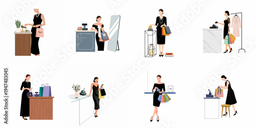 Set of flat vector illustrations featuring elegant women in black dresses shopping, making payments, and carrying bags in luxury retail environments.
