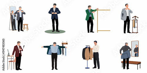 Set of illustrations depicting men dressing in formal attire, suits, and blazers for various occasions, including tailor fittings and personal styling.