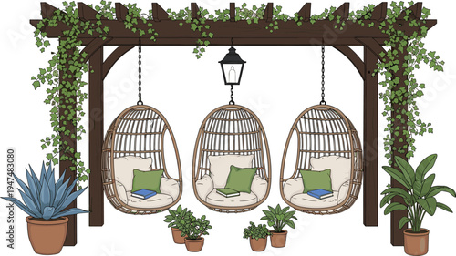 Garden pergola with hanging egg chairs plants and lantern cozy outdoor seating area vector illustration for patio relaxation concept
