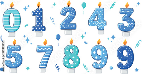 Birthday candle numbers collection from zero to nine with blue patterns, festive party candles illustration set for anniversary celebration