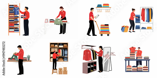 Set of clothing store employees or retail workers performing inventory management, folding clothes, and organizing fashion merchandise in a boutique or department store.
