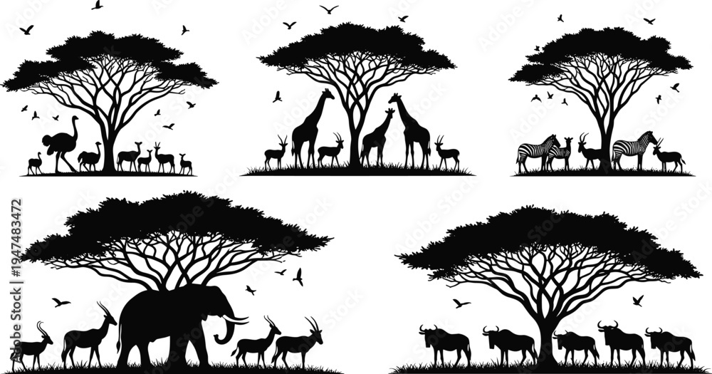 Fototapeta premium African savanna wildlife silhouette set, elephant giraffe zebra under acacia trees, safari landscape scene, cad drawing flat vector illustration, isolated.