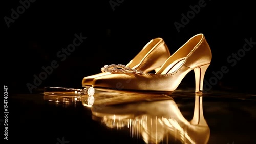 Elegant golden high heels with jewelry on reflective surface