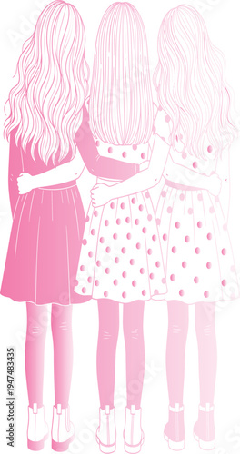 Three girls friends hugging from back friendship bond sisterhood support women unity love together illustration isolated design - flat vector illustration