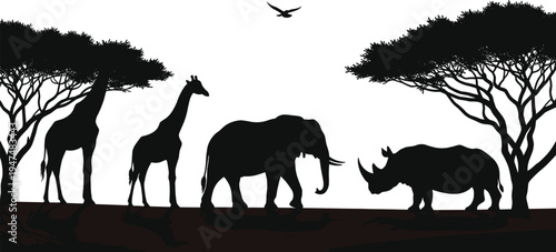 African savanna wildlife silhouette collection with elephant giraffe rhinoceros acacia trees and bird, cad drawing flat vector illustration, isolated on white.