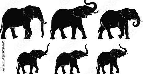 African elephant silhouette collection of majestic mammals with trunks raised in various walking poses set, cad drawing flat vector illustration, isolated on white.