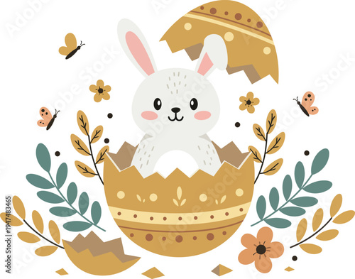 A cute cartoon Easter bunny happily carries a pink basket of colorful eggs through spring grass and flowers in this festive vector holiday illustration design