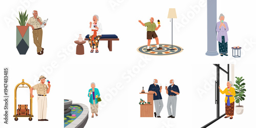 Flat vector illustration collection featuring senior men and women enjoying ice cream in various leisure and travel-themed settings.