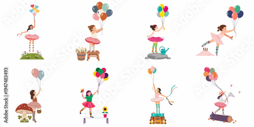 Whimsical set of eight illustrations featuring a young girl in a tutu playing with colorful balloons in various dreamy outdoor scenes.