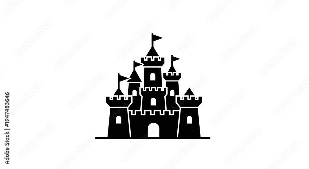 Fototapeta premium Black Silhouette of a Fairytale Castle with Flags on White Background