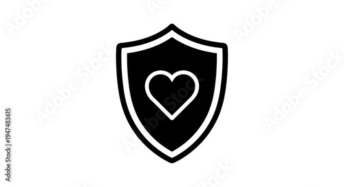 Black Shield with White Heart Icon Symbolizing Protection, Security, and Health