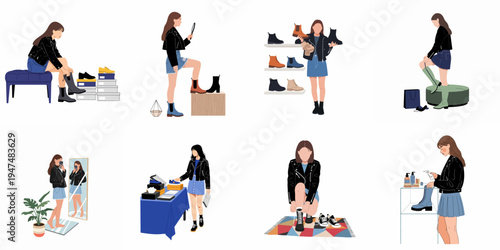 Set of flat illustrations featuring a young woman shopping for various shoes, including boots and sneakers, in different retail scenarios.