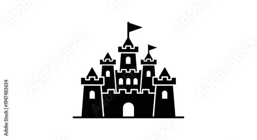 Black Silhouette of a Fairytale Castle with Flags on a White Background