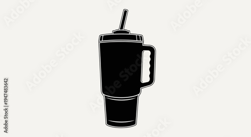 Black Silhouette of a Large Tumbler Cup with Handle and Straw on a Light Background