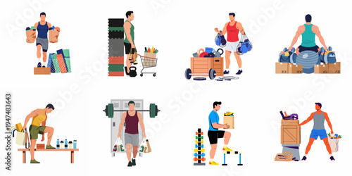 Collection of illustrations featuring athletic men with gym equipment and healthy groceries, depicting a fitness lifestyle and workout routine.