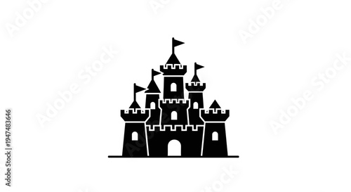 Black Silhouette of a Fairytale Castle with Flags on White Background