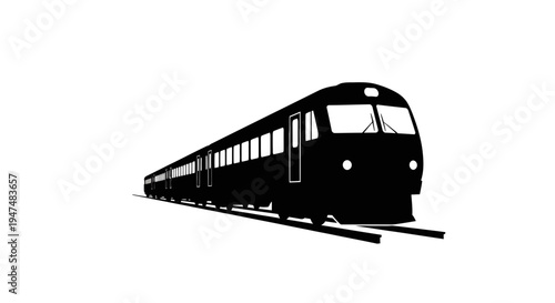 Black silhouette of a modern passenger train on railway tracks, isolated on white background.