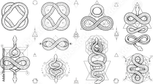Sacred geometry snake symbols collection with infinity serpents mystical occult signs and spiritual tattoo style illustrations