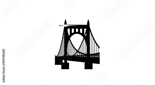 Black silhouette of a suspension bridge against a white background, architectural landmark
