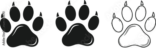 Animal paw print silhouette collection of wild predator tracks with claws and line art set, cad drawing flat vector illustration, isolated on white.