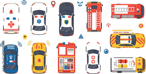 Emergency vehicles top view icon set with ambulance police car fire truck medical rescue transport and emergency response symbols