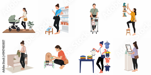 Illustrations of women and expectant mothers shopping for baby essentials including strollers, clothing, nursery furniture, toys, and baby registration services.