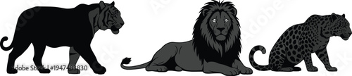Big cat predator silhouette collection of wild tiger lion and leopard set, cad drawing flat vector illustration, isolated on white.