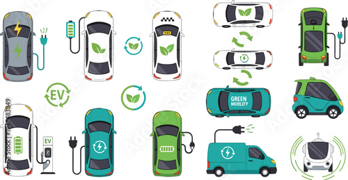 Electric vehicles top view icon set with EV cars charging stations green mobility transport and eco friendly transportation symbols